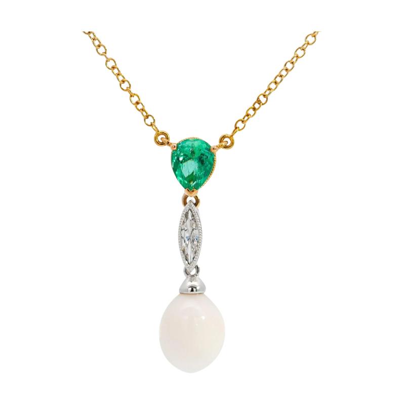 Vintage Natural Saltwater Conch Pearl Emerald Drop 18K Gold Pendant Necklace