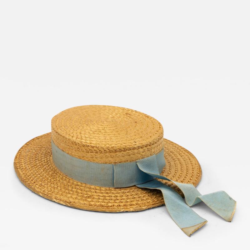 Vintage Natural Straw Pale Blue Ribbon Bow Boater Hat The Ridgemont Make 1930s