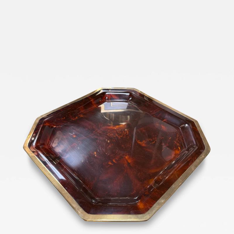 Vintage Octagonal Tortoiseshell Style Serving Tray with Brass Tone Rim