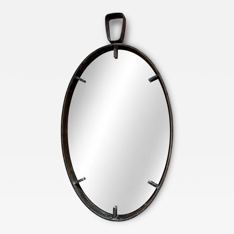 Vintage Oval Iron Frame Wall Mirror with Hanging Loop