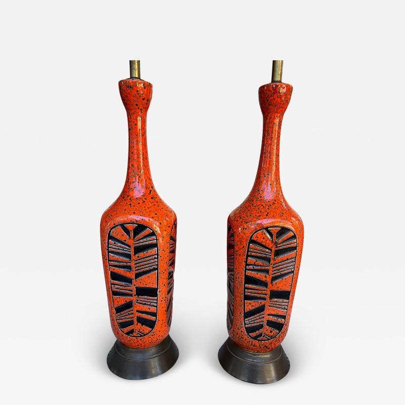 Vintage Pair of Orange Textured Ceramic Table Lamps Mid Century Modern