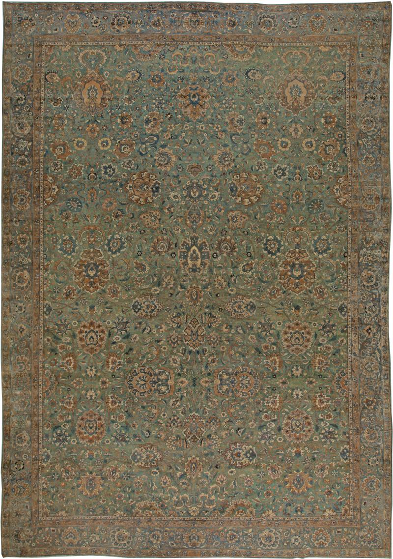 Vintage Persian Kirman Botanic Green Handmade Wool Rug
