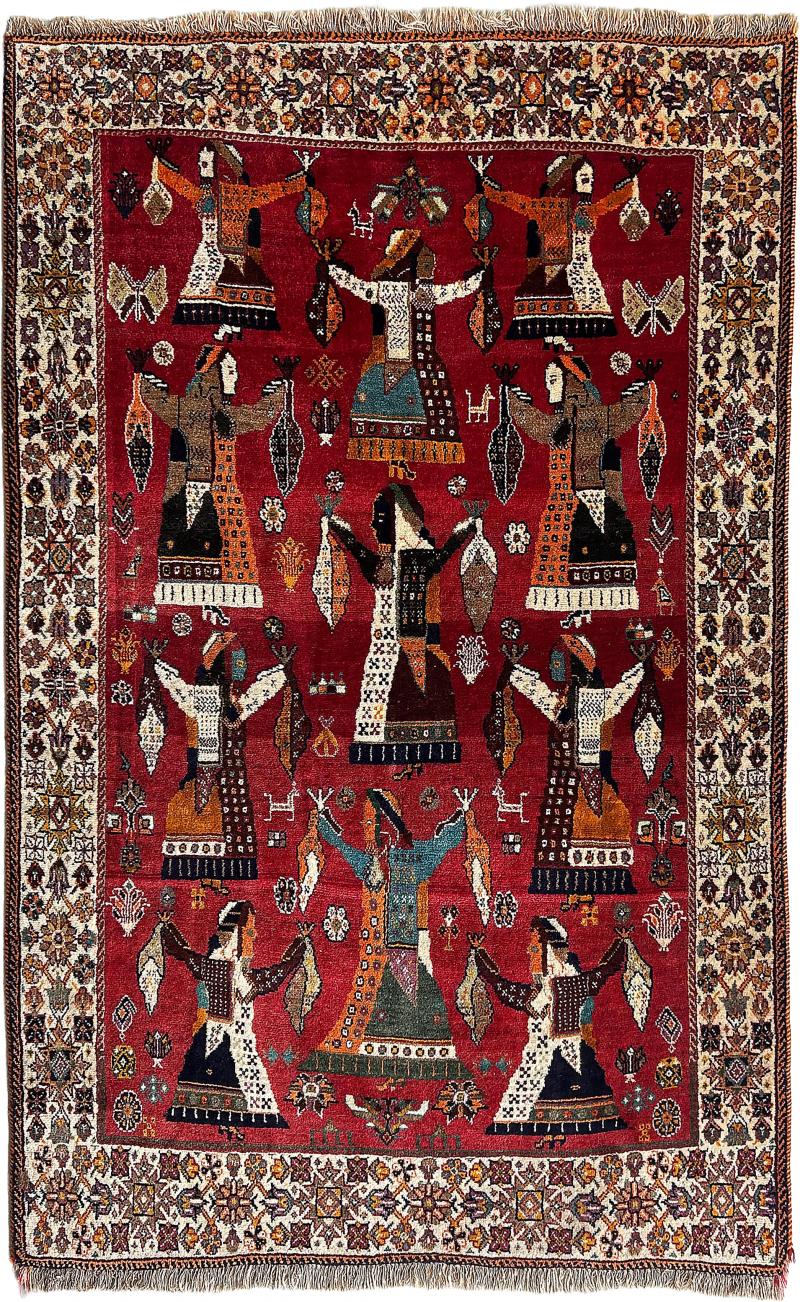 Vintage Persian Rug Depicting Stylized Tribal Dancers on Red 72 by 45 