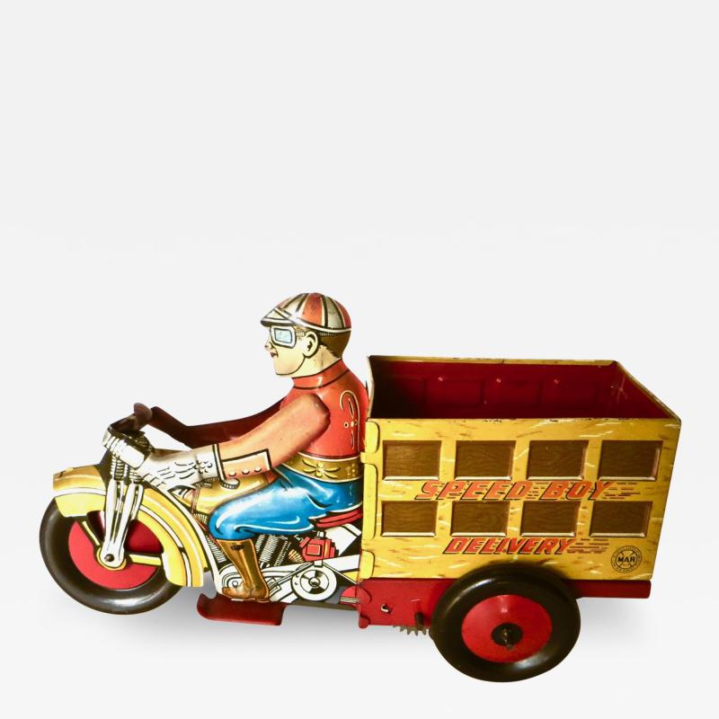 Vintage Pre War Wind Up Toy Boy on Motorcycle Delivery Truck By Marx