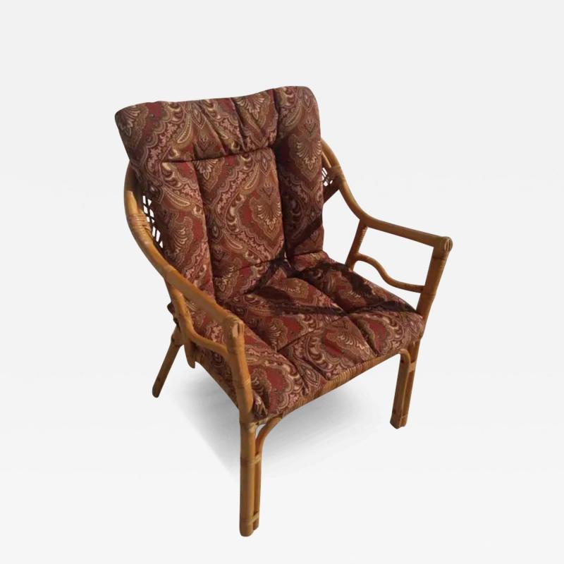 Vintage Rattan and Bamboo Boho Chic Armchair with Cushion