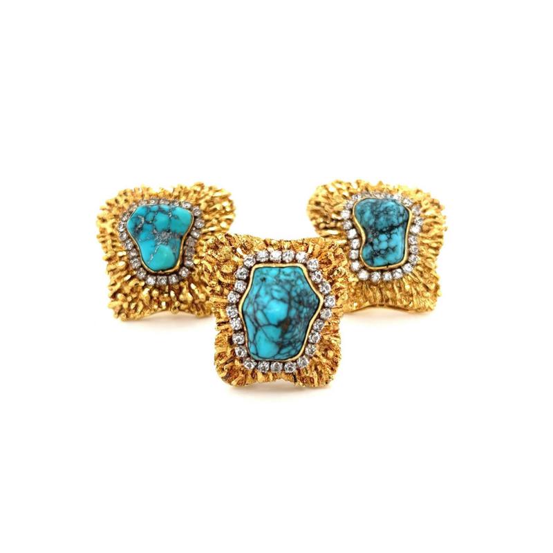 Vintage Raw Turquoise and Diamond Ring and Earring Set in 18k Gold