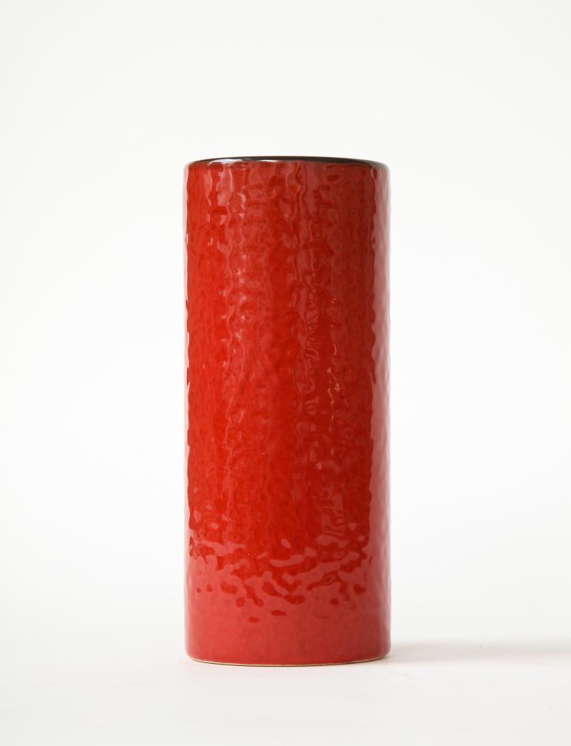 Vintage Red Ceramic Cylinder Vase with Glazed Black Interior