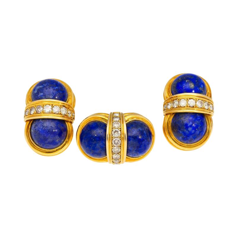 Vintage Retro Cabochon Lapis Lazuli 18K Gold Clip On Earrings and Ring Set