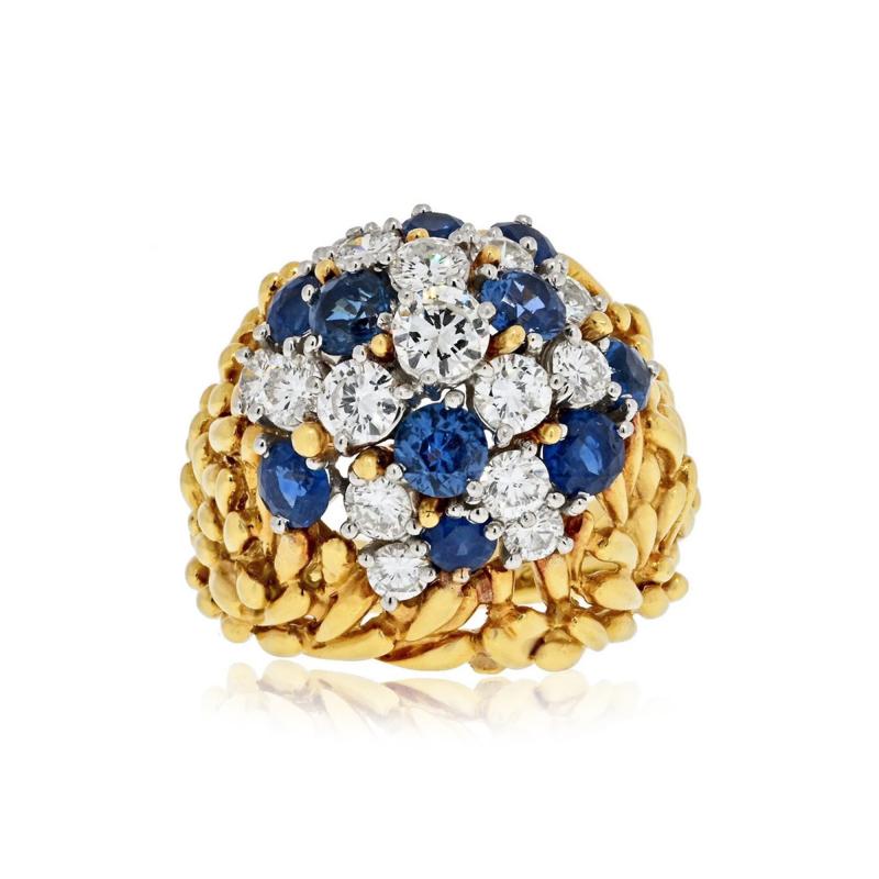 Vintage Round Cut White Diamond and Blue Sapphire Cluster Ring