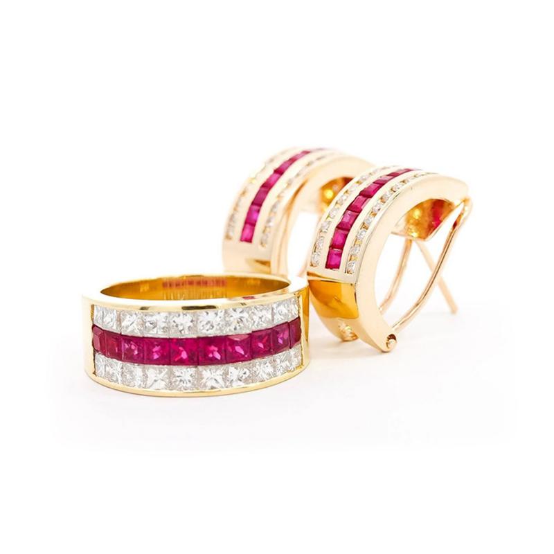 Vintage Ruby Diamond Channel Set Cluster Ring Earring 18K Jewelry Set