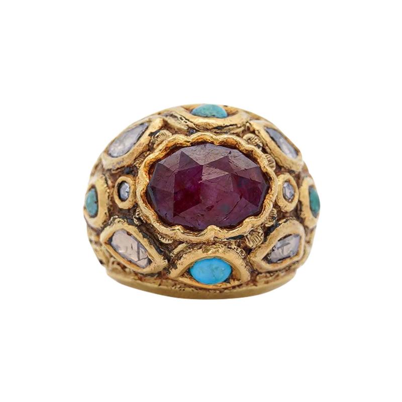 Vintage Ruby Rose Cut Diamond Turquoise 18K Gold Ring