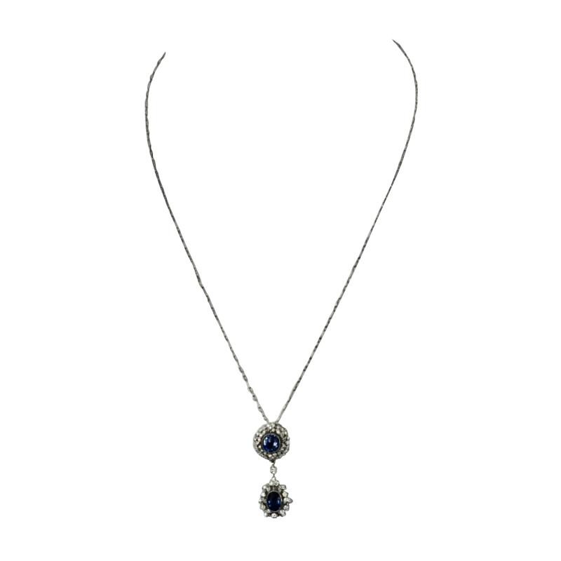 Vintage Sapphire Diamond 18K Drop Necklace 2 Carats