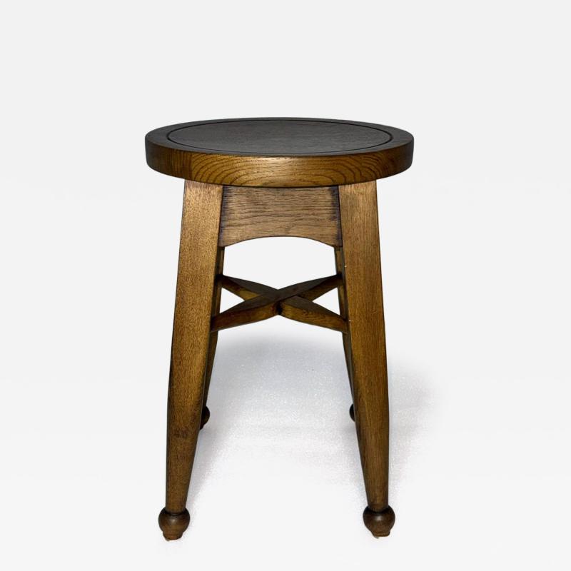 Vintage Solid Oak Round Stool with Turned Feet Early 20th Century