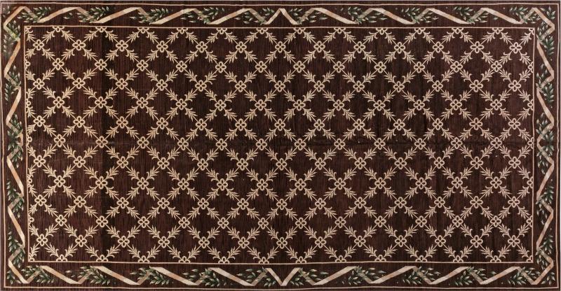 Vintage Spanish Chocolate Brown and Ivory Handwoven Wool Carpet