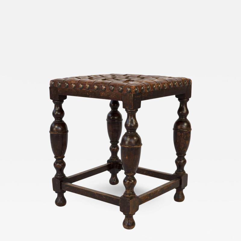 Vintage Square English Stool With Woven Strap Leather Seat