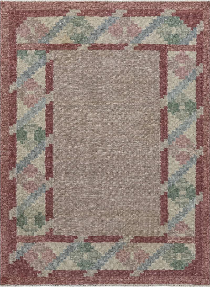 Vintage Swedish Beige Green Pink Flat Weave Rug