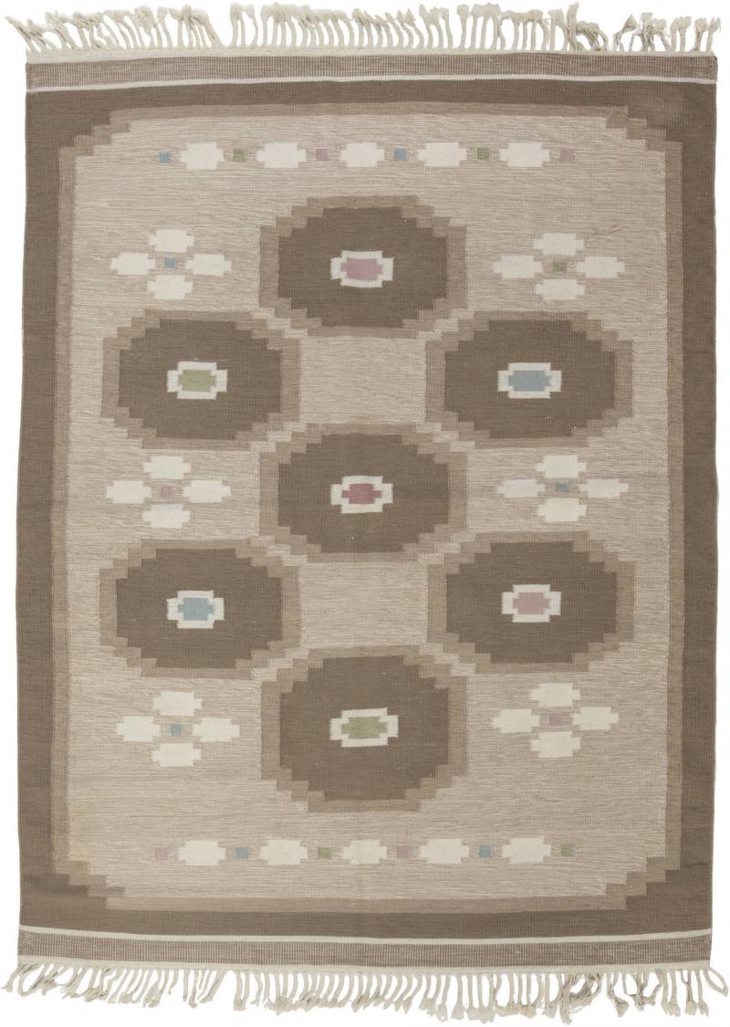 Vintage Swedish Geometric Off White Brown Baby Blue Pink Flat Weave Wool Rug