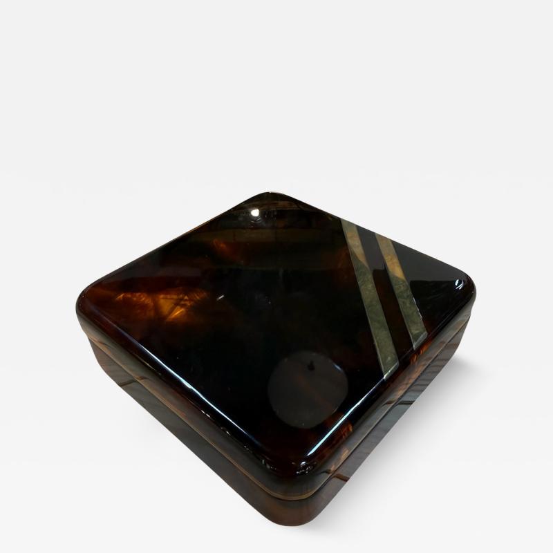 Vintage Tortoiseshell Lucite Box with Brass Stripe Accent