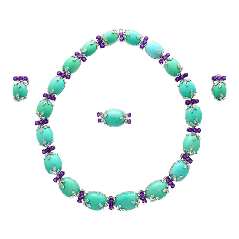 Vintage Turquoise Amethyst and Diamond Ring Earring and Necklace Jewelry Set