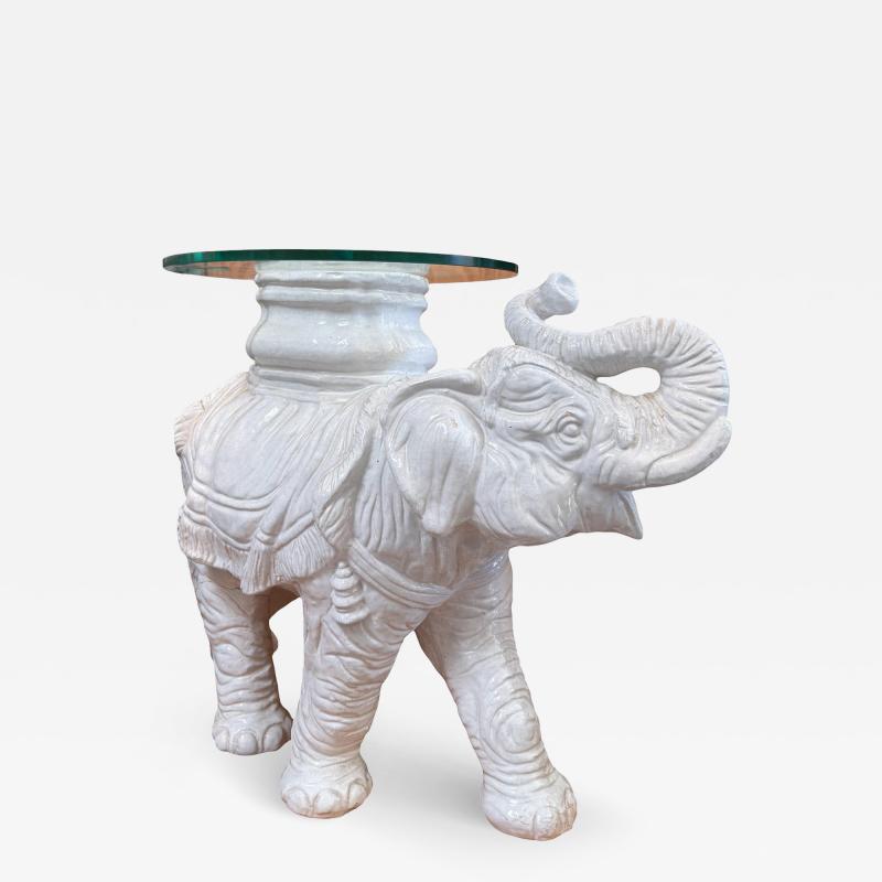 Vintage White Majolica Pottery Glass Top Elephant Side Table