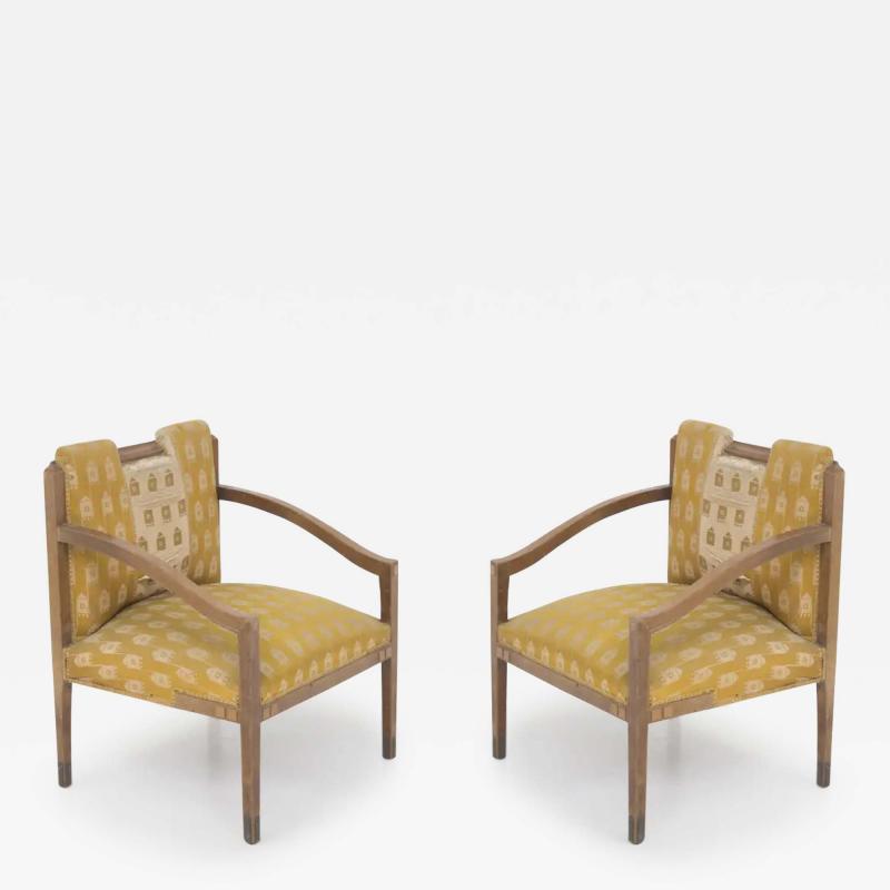 Vintage Wooden Armchairs in Fabric and Brass