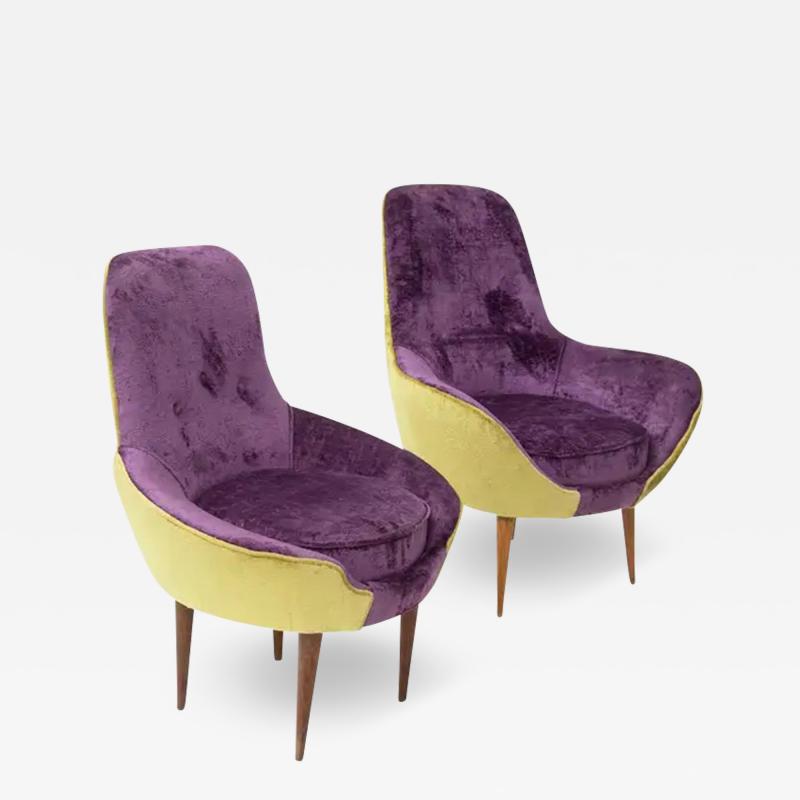 Vintage Wooden Armchairs in Purple and Green Velvet