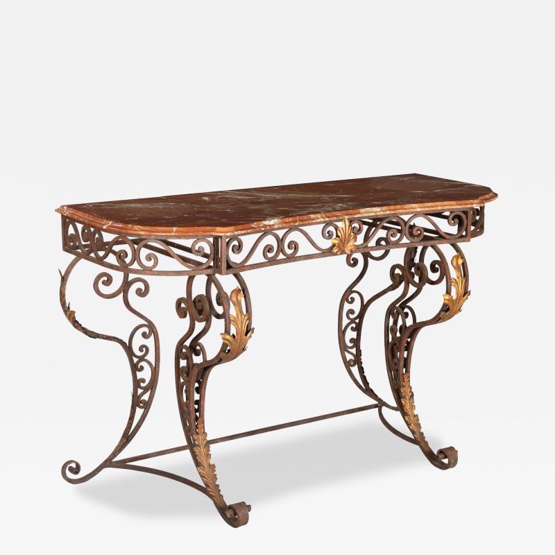 Vintage Wrought Iron and Red Marble Console Table 20th century