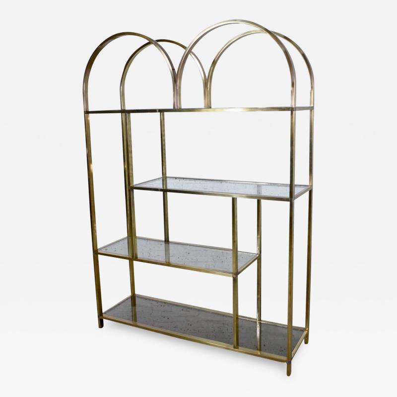 Vintage modern double arched etagere display shelves brass plated and glass