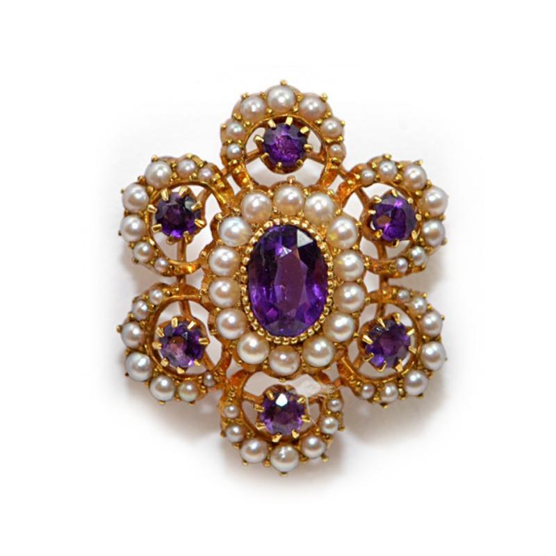 Vioctorian Amethysts Brooch with Natural Pearls 15Ct Mounting