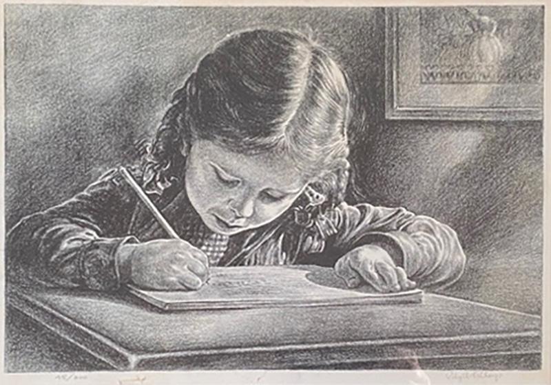 Virgil Finlay GIRL WRITING IN BOOK LITHOGRAPH BY VIRGIL FINLAY