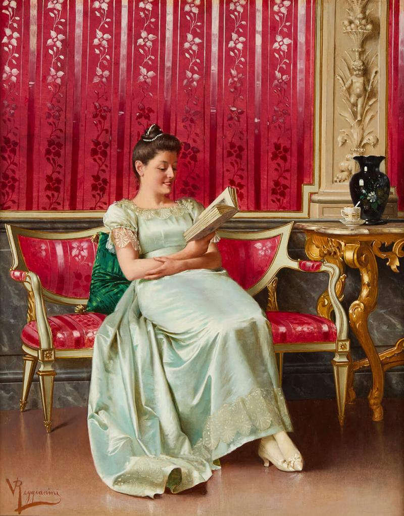 Vittorio Reggianini Antique Italian oil painting of a lady reading by Reggianini