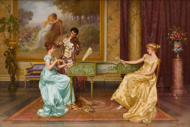 Vittorio Reggianini The Recital large antique Italian genre oil painting by Vittorio Reggianini
