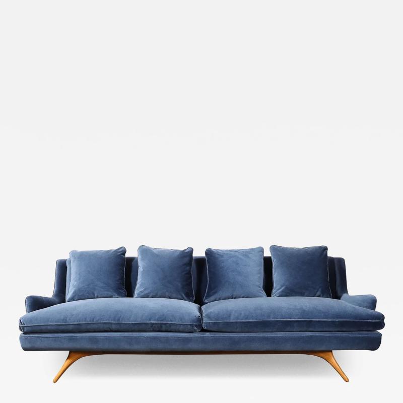 Vladimir Kagan Mid Century Smoked Sapphire Velvet Sculptural Supported Sofa by Vladimir Kagan