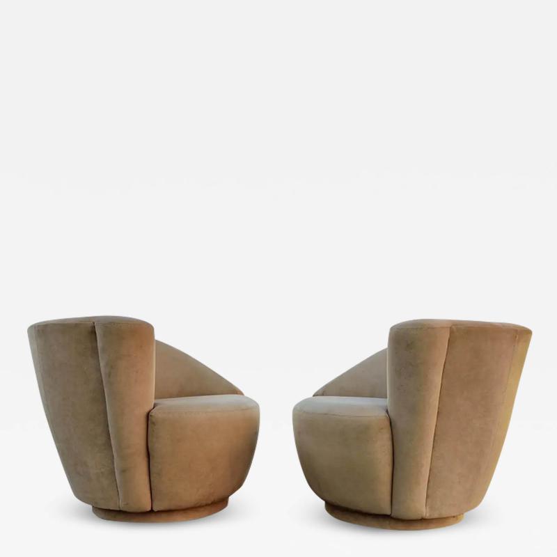 Vladimir Kagan Pair Scroll Corkscrew Light Brown Suede Swivel Lounge Chairs Castors Mid Century