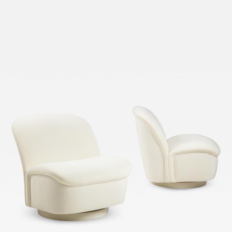 Vladimir Kagan Pair of Ivory Velvet Swivel Lounge Chairs