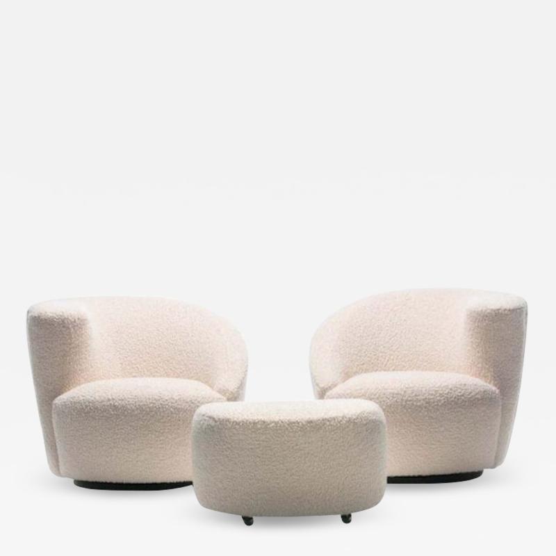 Vladimir Kagan Pair of Vladimir Kagan Nautilus Swivel Lounge Chairs and Ottoman in Ivory Boucl 