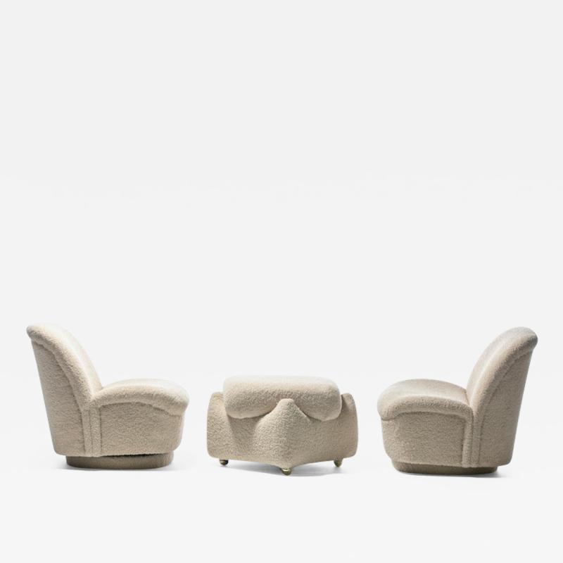 Vladimir Kagan Pair of Vladimir Kagan for Directional Swivel Chairs and Ottoman in Ivory Boucl 