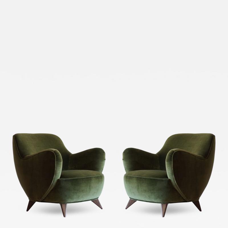 Vladimir Kagan Vladimir Kagan Barrel Lounge Chairs in Olive Green Velvet and Walnut Legs