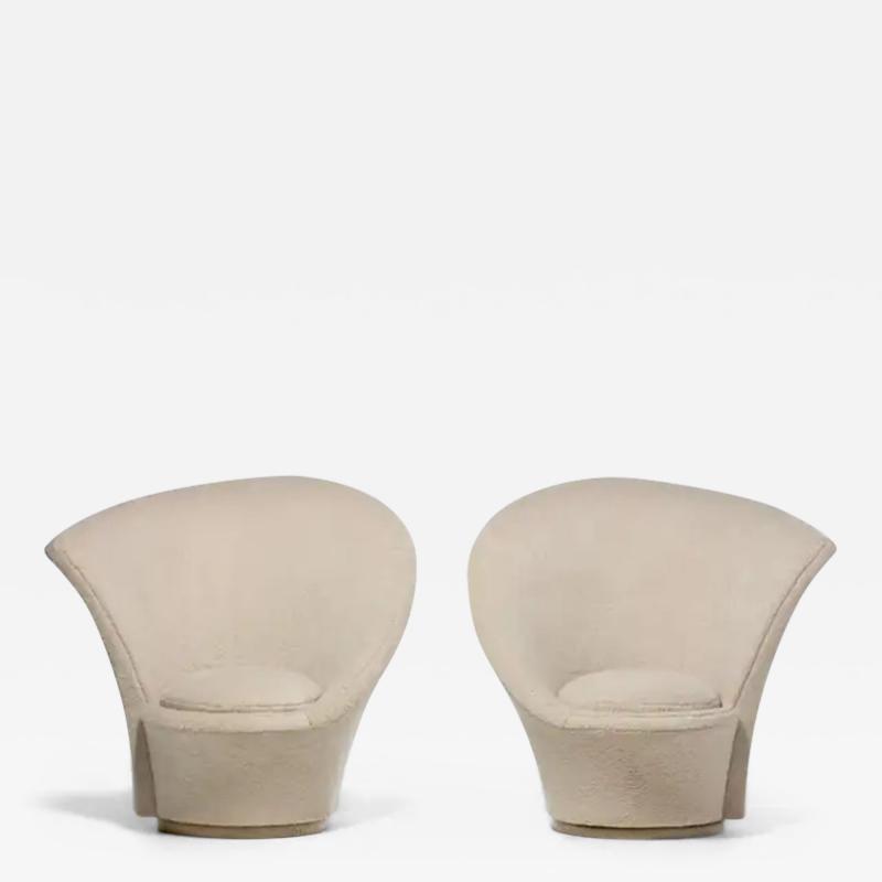 Vladimir Kagan Vladimir Kagan Sculptural High Back Swivel Chairs in Textured Ivory Fabric