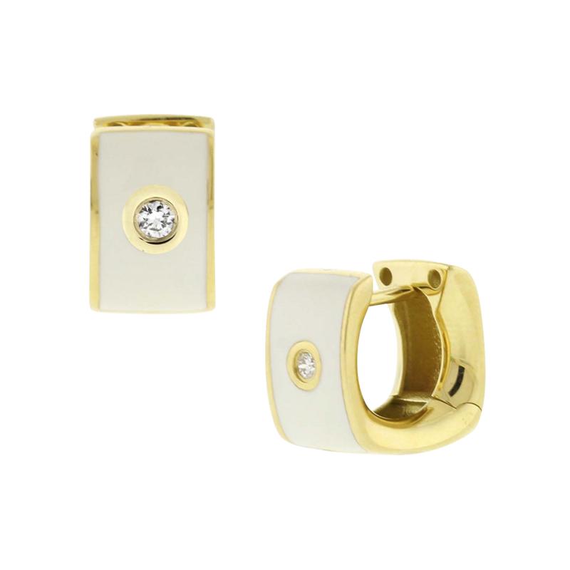 WHITE ENAMEL AND DIAMOND HUGGIE EARRINGS