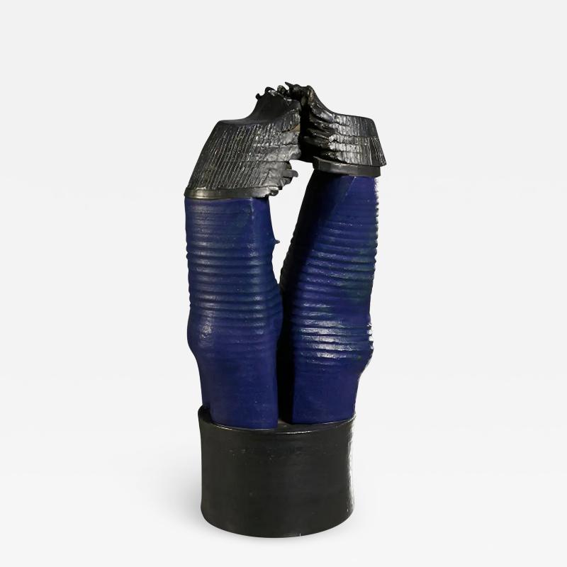 WILLIAM LAU BLUE AND BLACK CERAMIC ABSTRACT SCULPTURE BY WILLIAM LAU