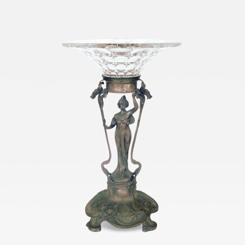 WMF Silver Plate Art Nouveau Woman Holding Glass Dish Over Her Head Circa 1900