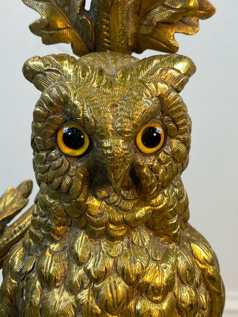 WONDERFUL PAIR OF VICTORIAN BRASS OWLS WITH GLASS EYES CANDELABRA