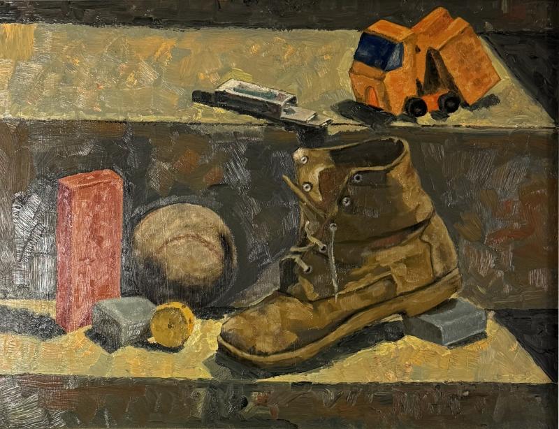 WPA STILL LIFE OF BOYS ASSORTED TOYS BASEBALL BOOT ON MASONITE PAINTING