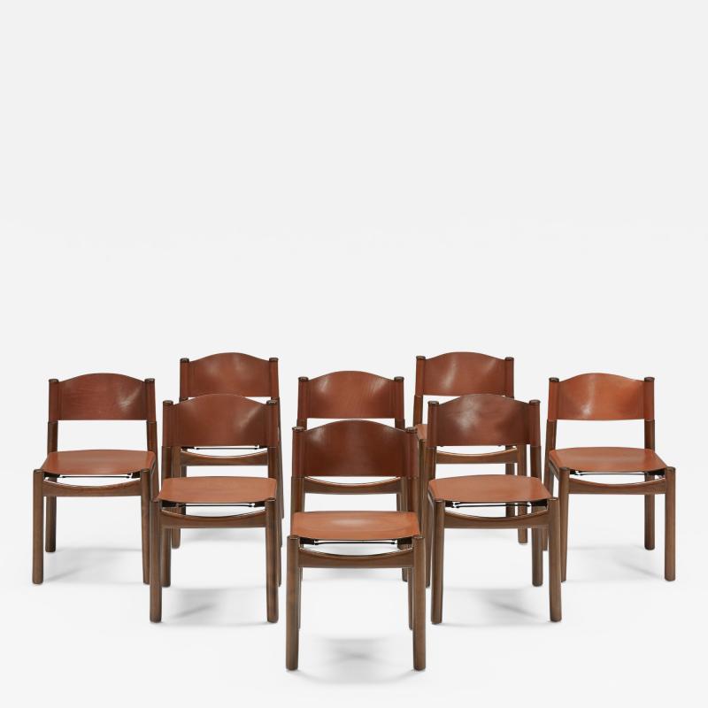 Walnut Leather Dining Chairs In The Style Of Scarpa 1950s