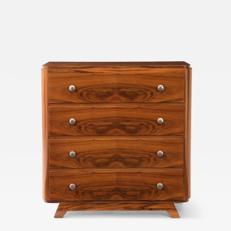 Walnut Veneer 4 Drawer Chest Nickel Pulls France 1940 s