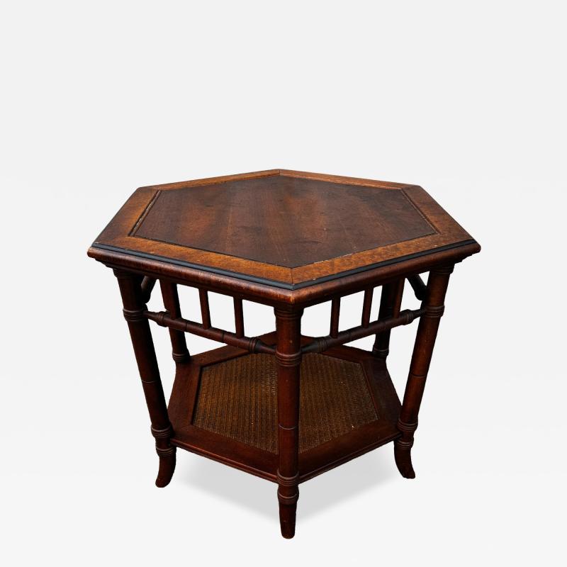 Walnut and Faux Bamboo Boho Chic Side Table with Cane Shelf