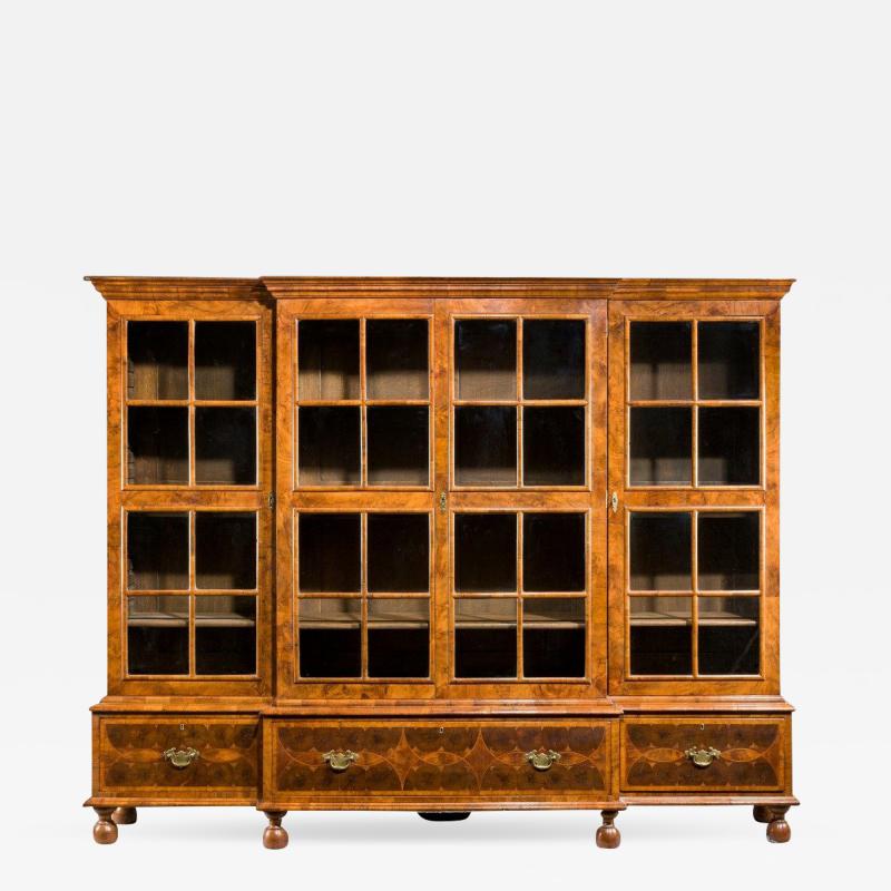 Walnut and oyster veneered breakfront 4 door bookcase