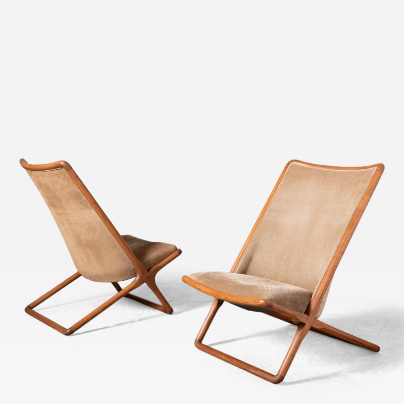 Ward Bennett Early Pair of Ward Bennett Scissor Chairs in Solid Oak with Original Olive Suede