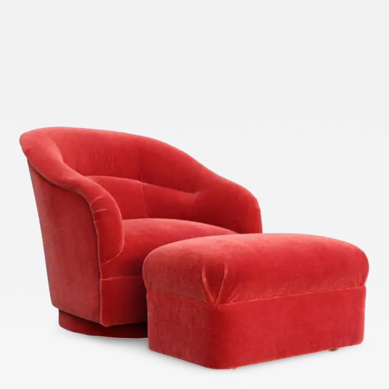 Ward Bennett Ward Bennett Brickel Red Mohair Upholstered Swivel Tub Lounge Chair With Ottoman